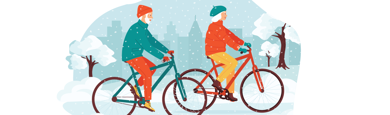 illustration of two people riding bikes on a snowy day
